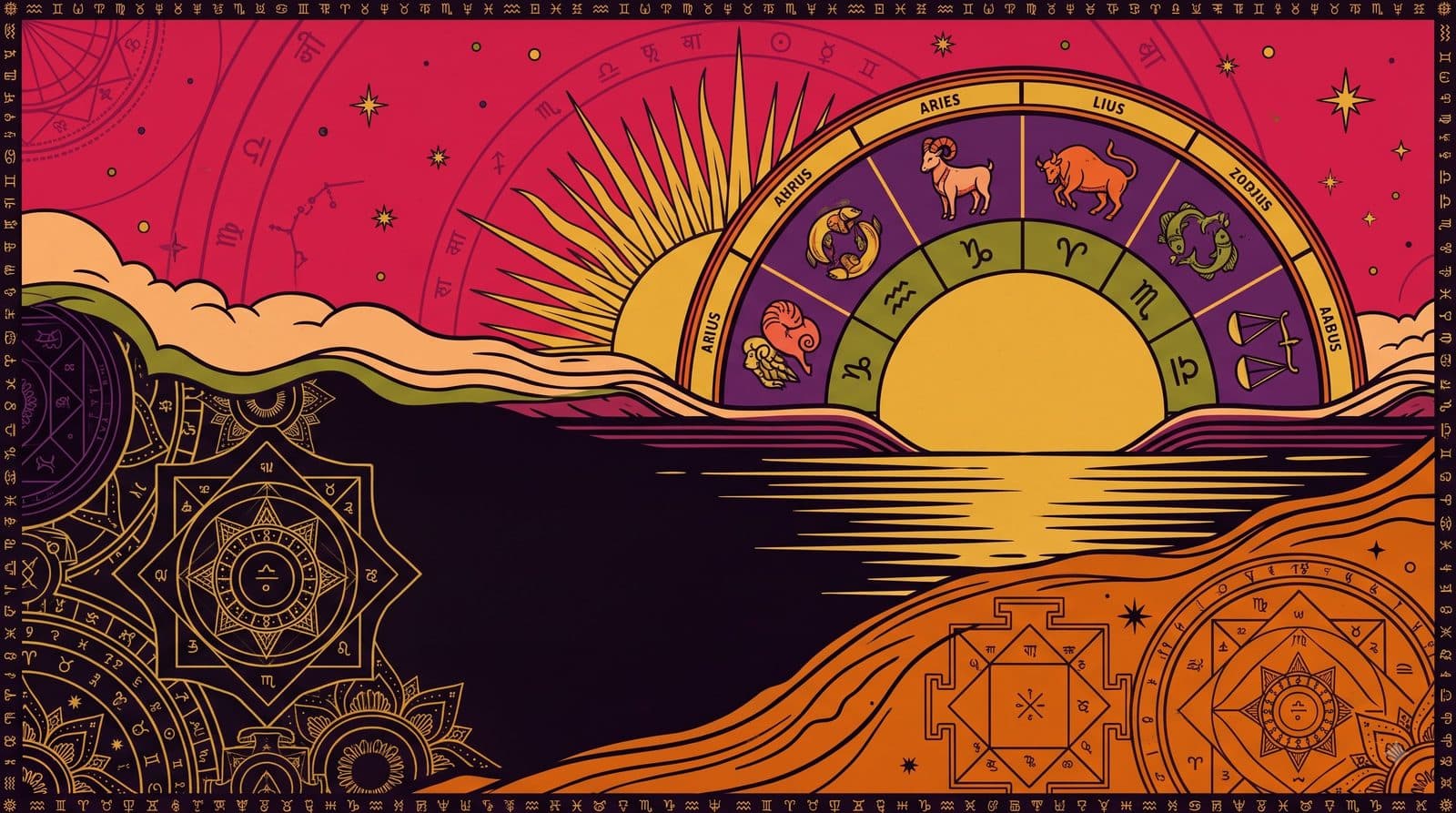 Lagna — sunrise over a zodiac wheel