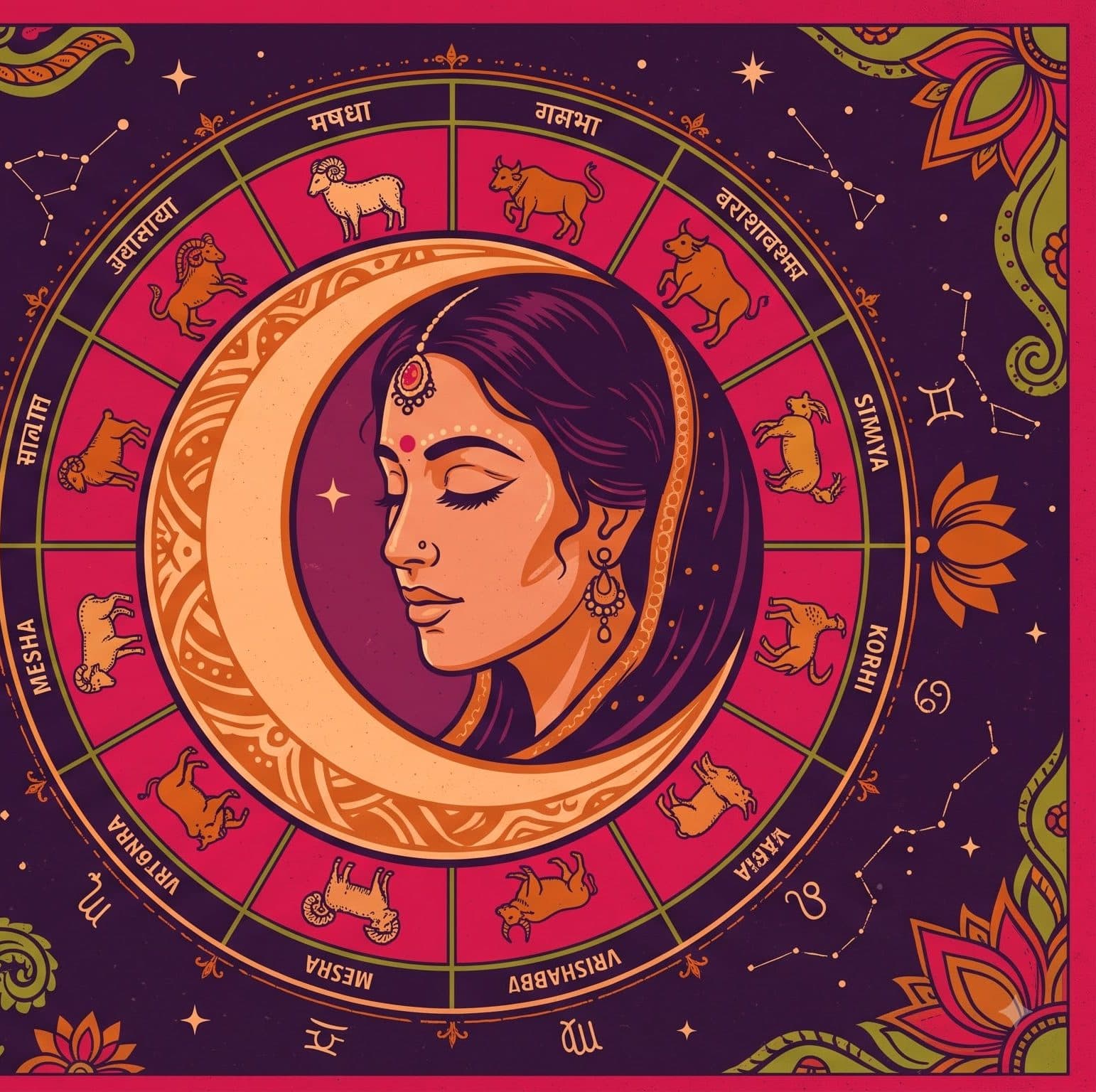 Moon sign — a zodiac wheel around a crescent moon